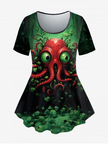 Gothic Octopus Seaweed Eye Print Short Sleeves T-shirt - GREEN - S