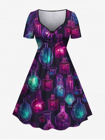 Gothic Colorful Bottle Lamp Glitter Print Cinched Dress - PURPLE - S