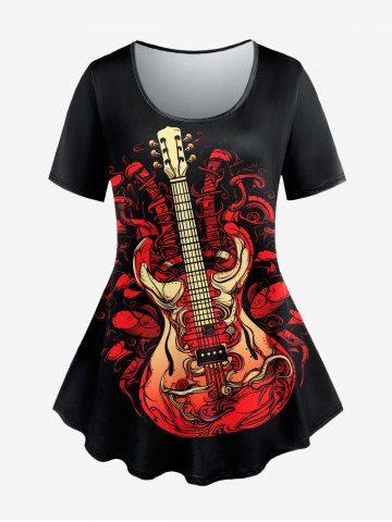 Gothic Colorful Guitar Branch Print Short Sleeves T-shirt - BLACK - 2X