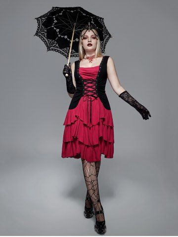 Gothic Grommets Two Tone Lace-up Ruched Layered Tank Dress - RED - 4X | US 26-28
