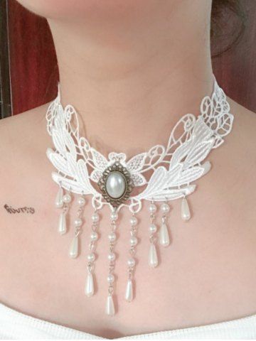 Collier Ras-de-Cou en Dentelle Motif Ailes et Perles Fantaisies avec Pompons Style Vintage - WHITE