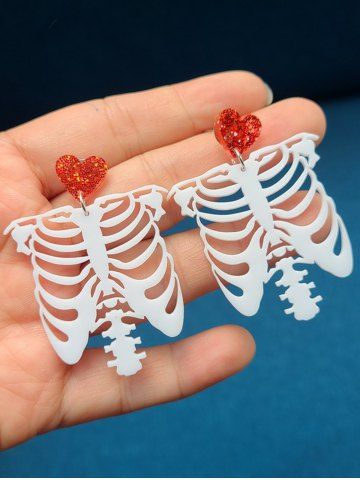 Gothic Skeleton Faux Crystal Heart Drop Earrings - WHITE