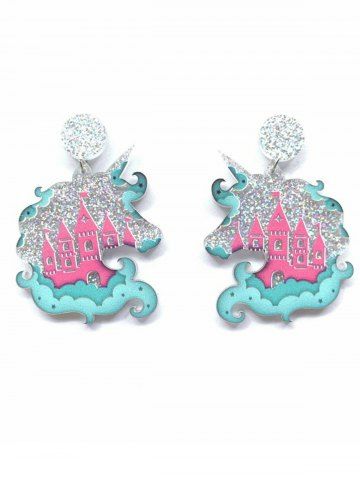 Fashion Glitter Castle Unicorn Drop Earrings - LIGHT BLUE