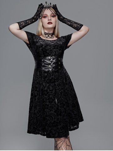 Gothic Jacquard PU Grommets Lace-up Corset Dress - BLACK - 1X | US 14-16