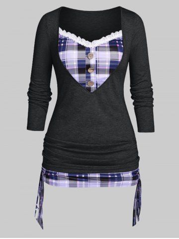 Plus Size Lace Trim Cinched Plaid Buttons 2 in 1 T-shirt - GRAY - M | US 10