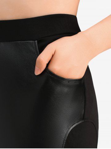 Plus Size PU Leather Patchwork Grommets Buckles Pockets Pants