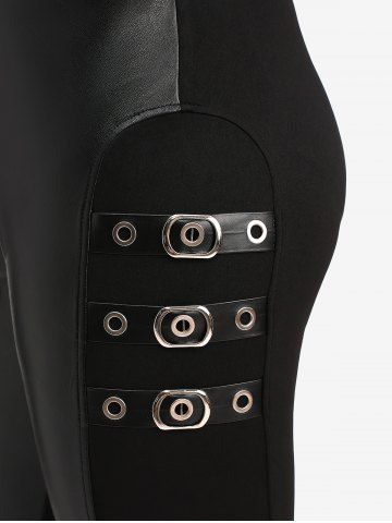 Plus Size PU Leather Patchwork Grommets Buckles Pockets Pants