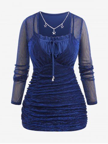 Plus Size Star Chain Panel Ruffle Tie Ruched Glitter Mesh T-shirt - BLUE - 1X | US 14-16