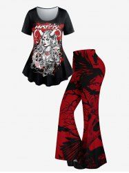 Mysterious Girl Skull Heart Pendant Print T-shirt And Eagle Branch Print Flare Pants Gothic Outfit -  