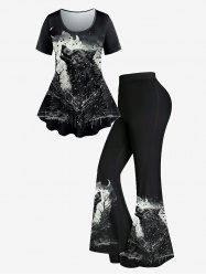 Wolf Moon Short Sleeves T-shirt And Wolf Moon  Print Flare Pants Gothic Outfit -  