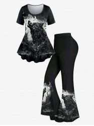 Wolf Moon Short Sleeves T-shirt And Wolf Moon Print Flare Pants Gothic Outfit  