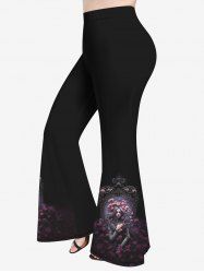 Pantalon Évasé Imprimé Rose Rétro Grande Taille - Noir 6X