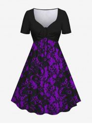 Plus Size Flower Print Cinched Ruched Dress -  