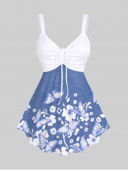 Plus Size Flower Butterfly Denim Print Backless Cinched Tank Top -  