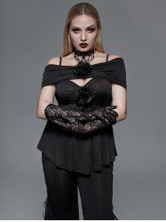 Gothic Flowers Ruched Cold Shoulder Top -  