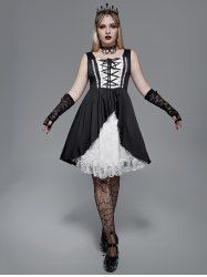 Gothic Lace Panel Lace-up Ruffles Sleeveless Dress -  