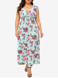 Plus Size Flower Print Elastic Waist Cinched Tie Dress -  