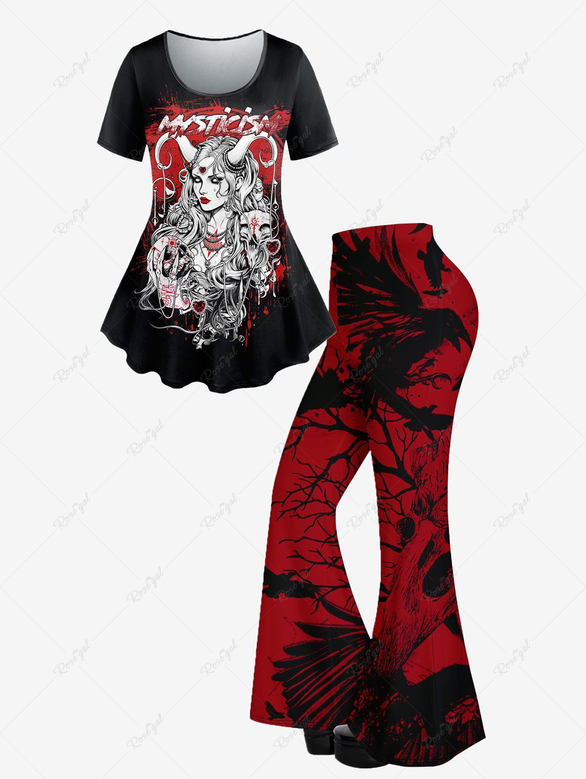 Chic Mysterious Girl Skull Heart Pendant Print T-shirt And Eagle Branch Print Flare Pants Gothic Outfit  