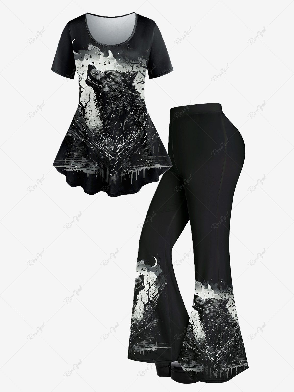 Discount Wolf Moon Short Sleeves T-shirt And Wolf Moon  Print Flare Pants Gothic Outfit  