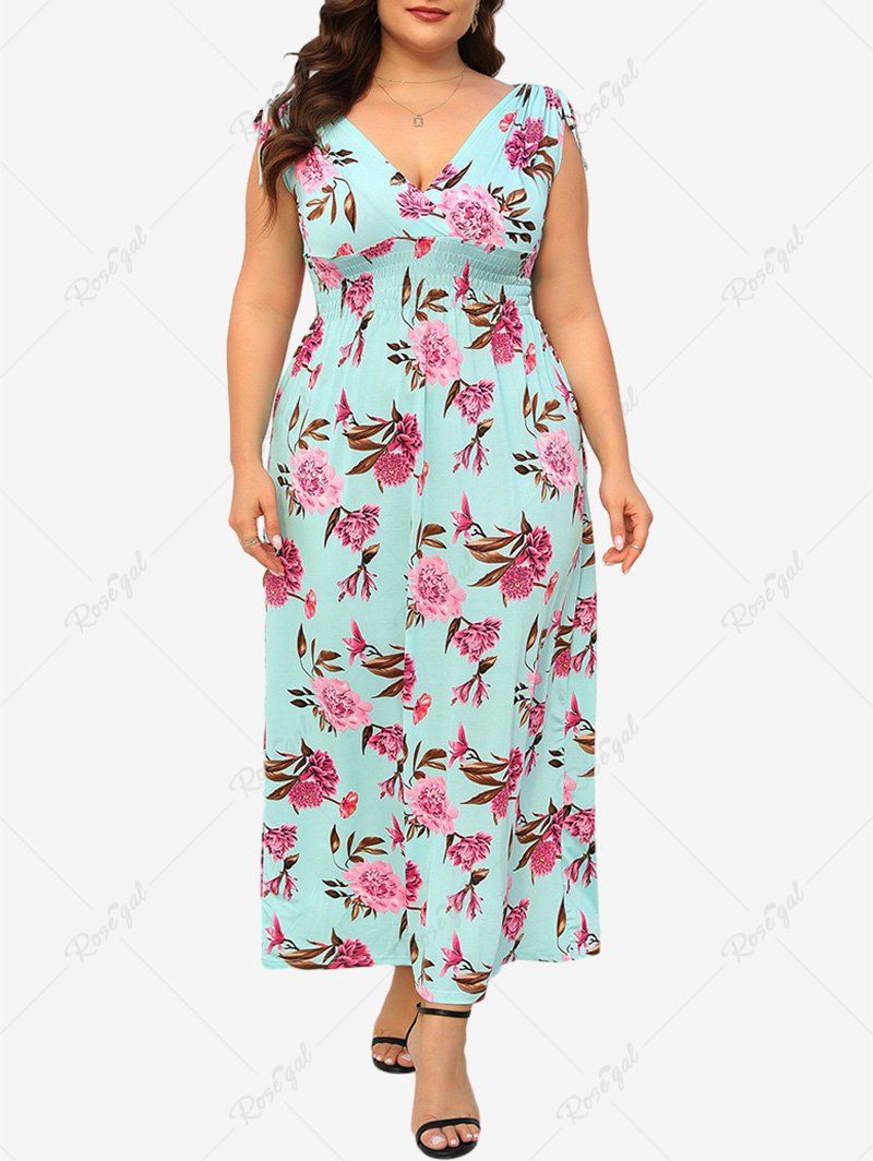 Trendy Plus Size Flower Print Elastic Waist Cinched Tie Dress  