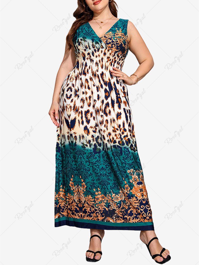 Chic Plus Size Paisley Figure Print Elastic Waist Surplice Dress  