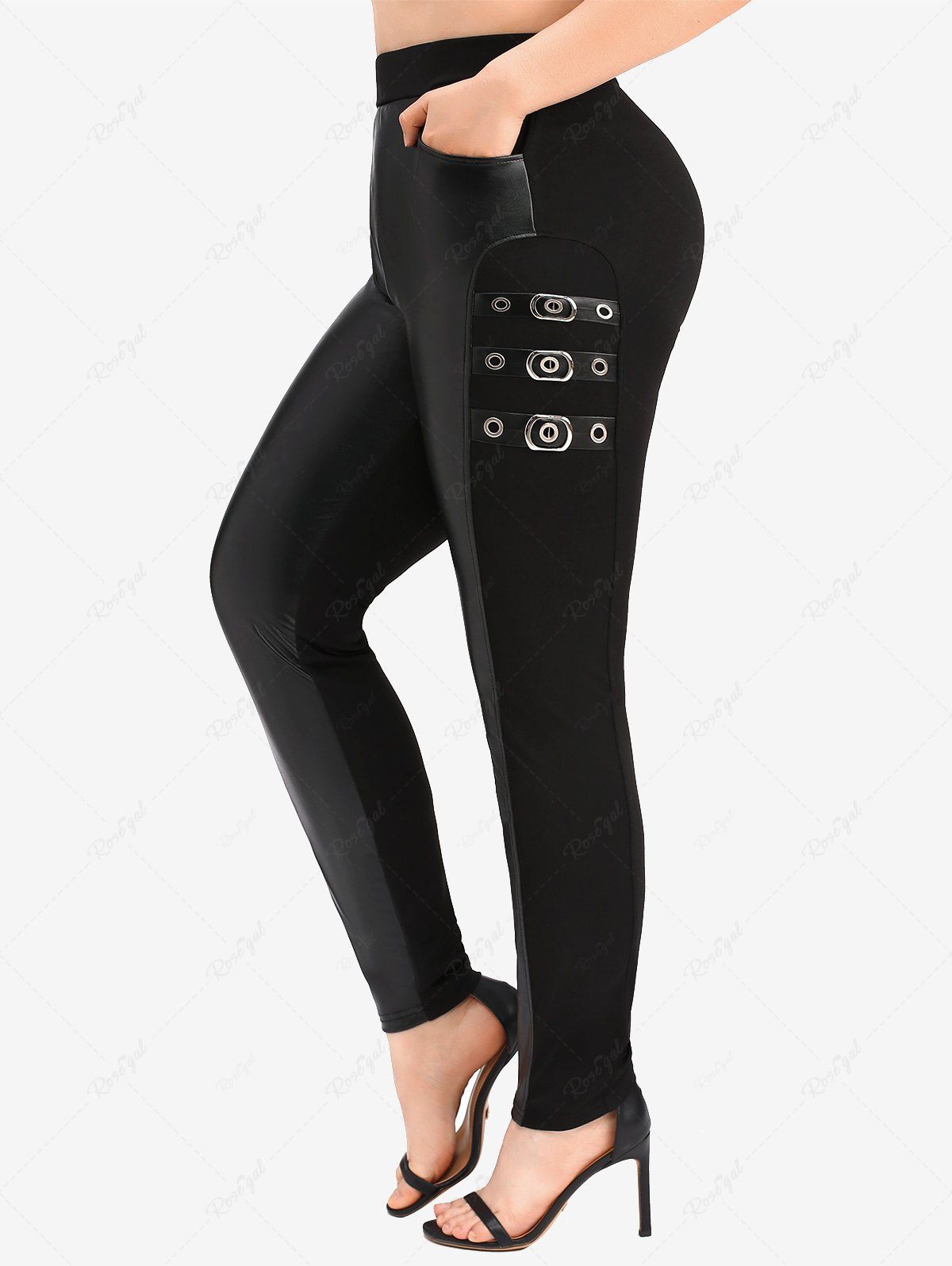 Pantalon Jointif Bouclé de Grande Taille en Cuir PU à Œillet Noir 2X | US 18-20