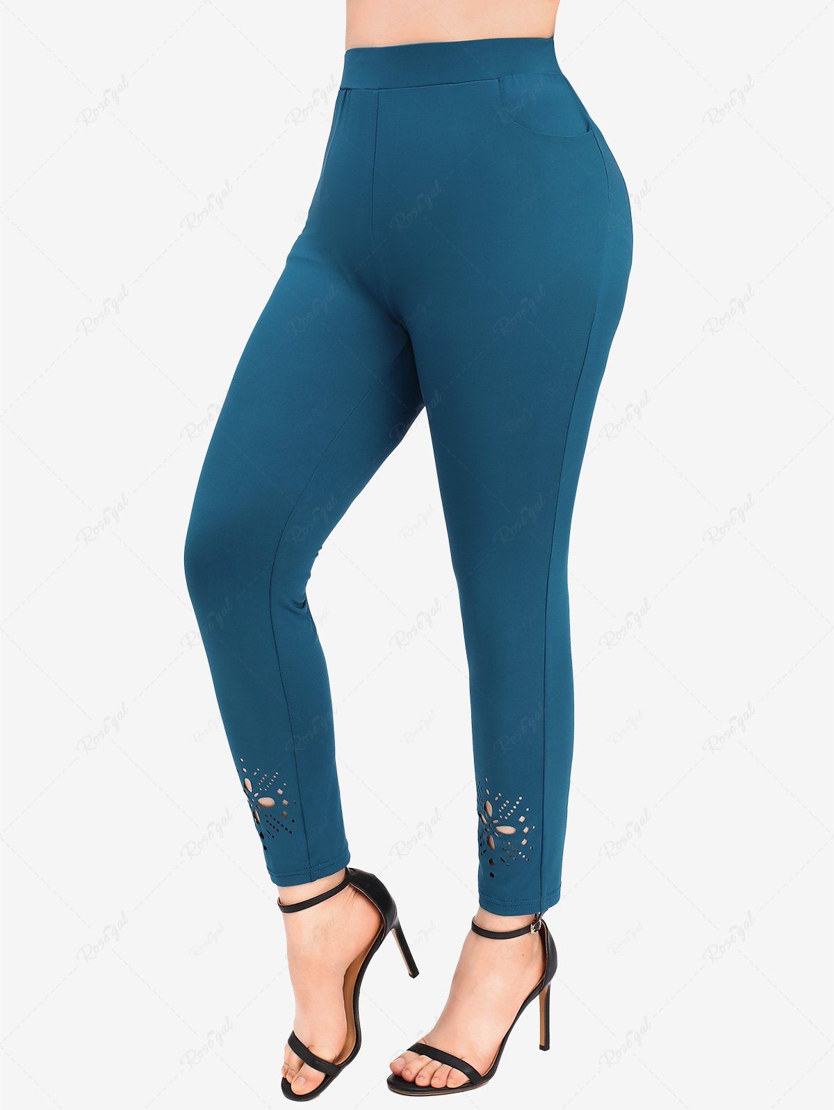 Pantalon Coupe Au Laser Fleuri de Grande Taille avec Poches Bleu profond 2X | US 18-20