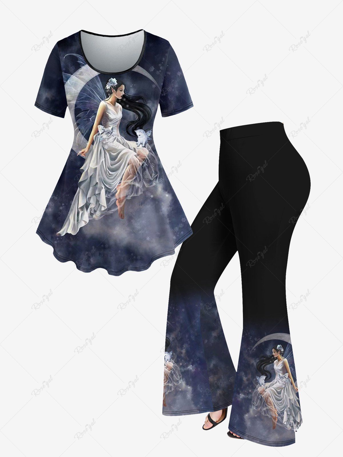Store Galaxy Moon Wings Cat Angel Print T-shirt and Flare Pants Plus Size 70s 80s Outfits  