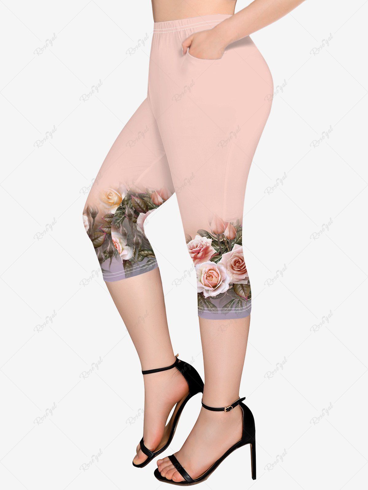 Legging Capri Fleur Imprimée de Grande Taille avec Poches Rose clair 6X