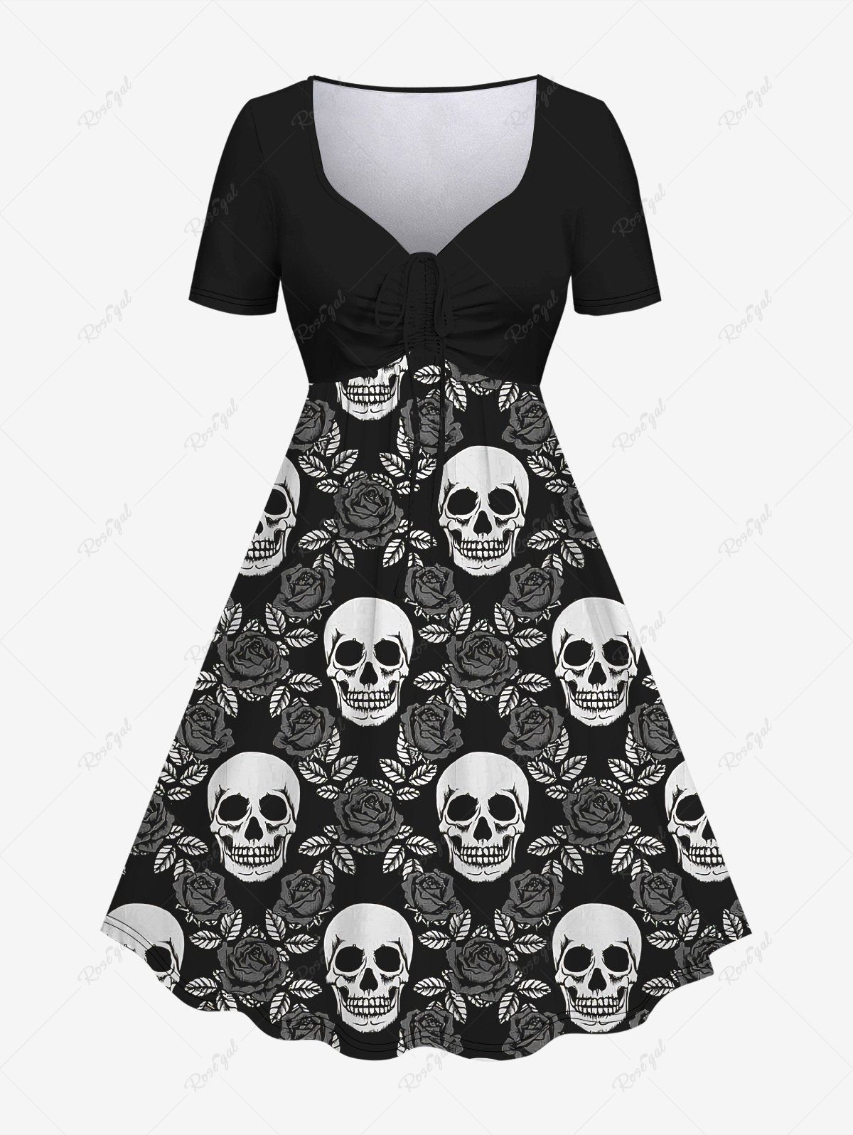 Store Halloween Plus Size Skull Rose Print Cinched Ruched Dress  