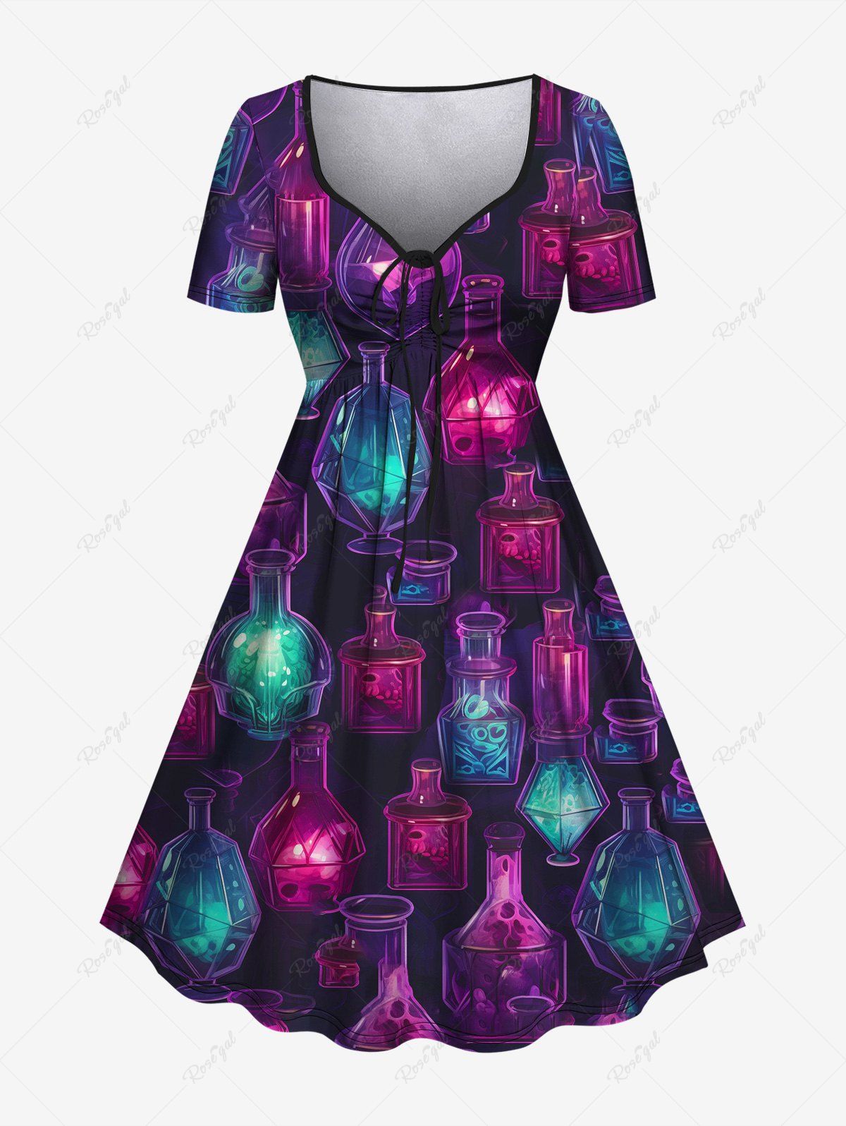 Latest Gothic Colorful Bottle Lamp Glitter Print Cinched Dress  