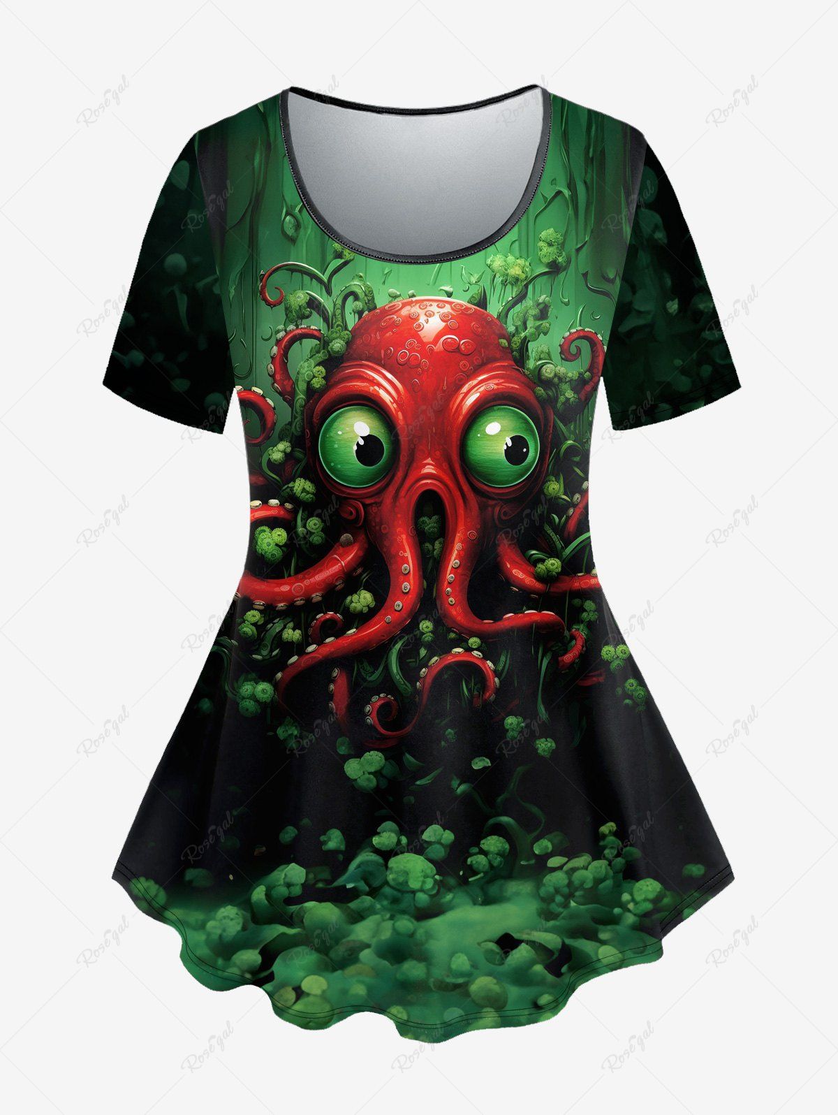 Fashion Gothic Octopus Seaweed Eye Print Short Sleeves T-shirt  