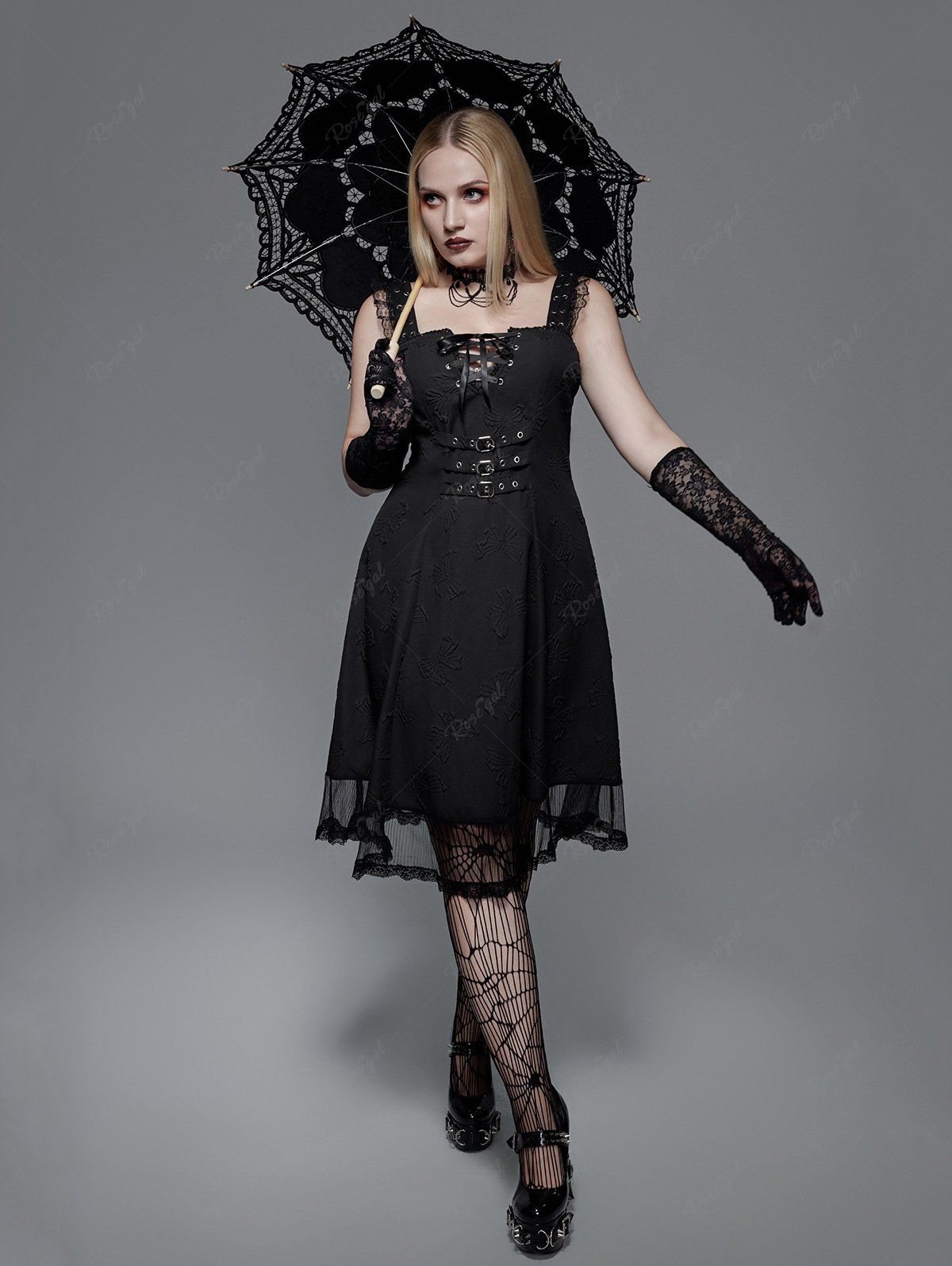 Shops Gothic Butterfly Embossed Lace-up Lace Trim Grommets Sleeveless Dress  