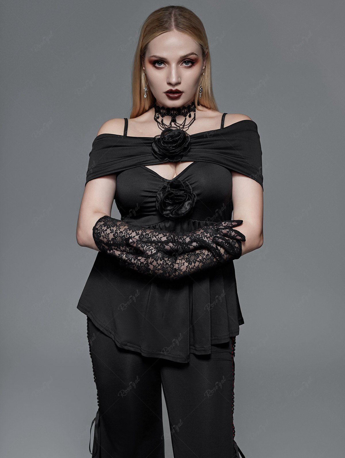 Buy Gothic Flowers Ruched Cold Shoulder Top  