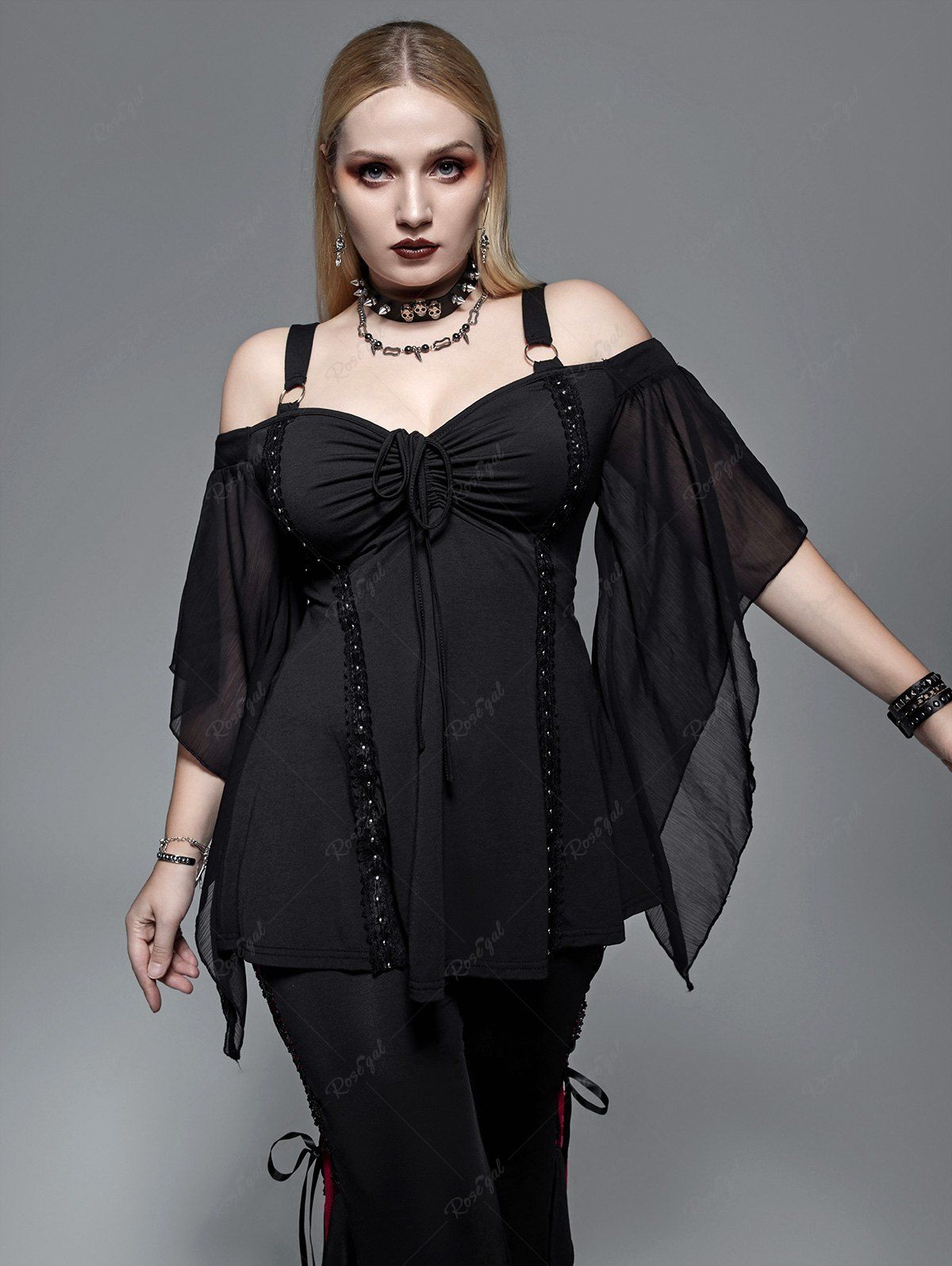 Fashion Gothic Cinched Ruched Rings Bell Sleeve Cold Shoulder Top  