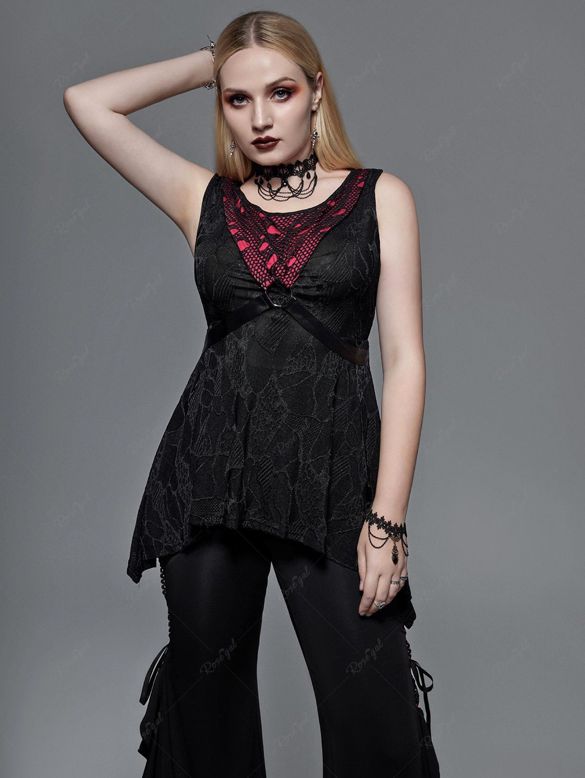 Outfits Gothic Fishnet Panel O-Ring PU Leather Straps Top  