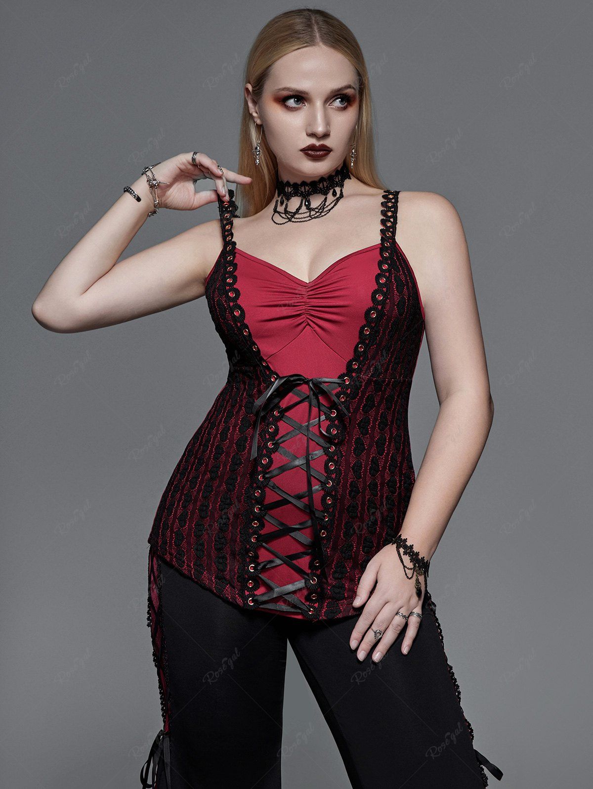 Online Gothic Lace Ruched Lace-up Tank Top  