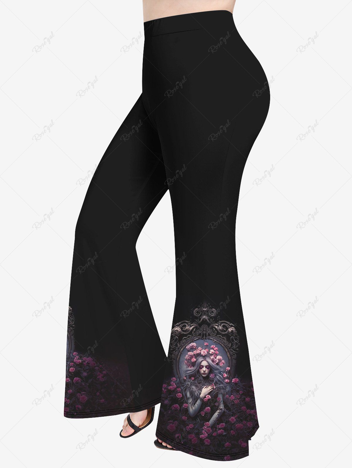 Pantalon Évasé Imprimé Rose Rétro Grande Taille Noir 6X
