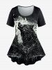 T-shirt Gothique Lune Loup et Lune Imprimés à Manches Courtes - Noir 