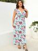 Plus Size Flower Print Elastic Waist Cinched Tie Dress -  