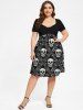 Halloween Plus Size Skull Rose Print Cinched Ruched Dress -  