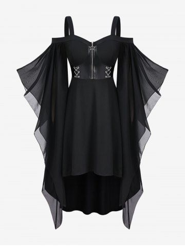 Halloween Witch Costume Plus Size Cold Shoulder Mesh Butterfly Sleeves Zipper Lace Up Vintage Medieval Dress