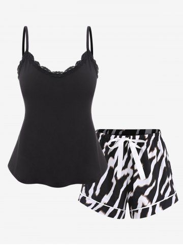 Plus Size Zebra Striped Lace Trim Bowknot Tied Short Pajama Set - BLACK - 2XL