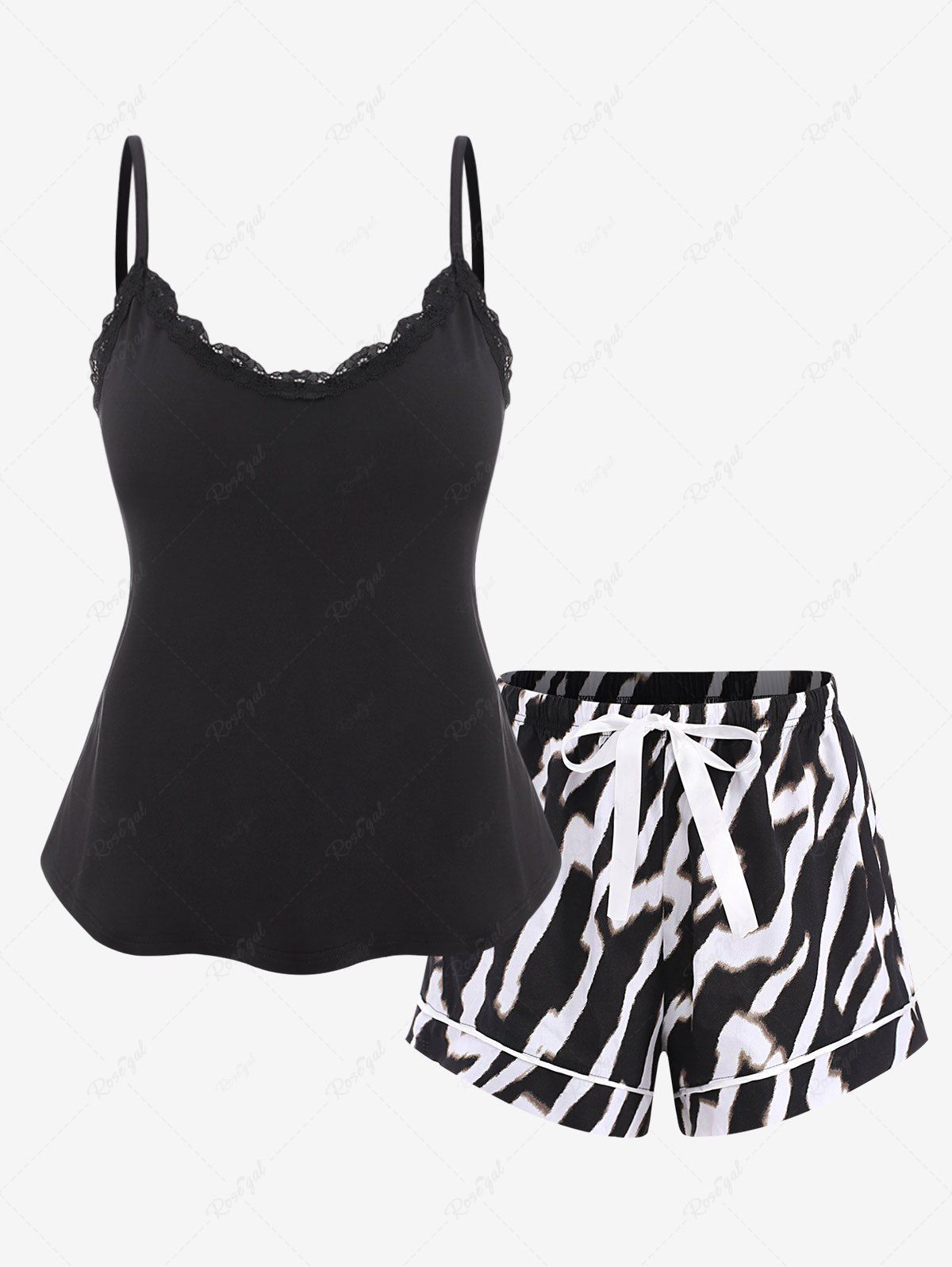Outfits Plus Size Zebra Striped Lace Trim Bowknot Tied Short Pajama Set  