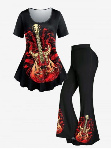 Gothic Colorful Guitar Branch Printed Short Sleeves T-shirt and Flare Pants Outfit - BLACK