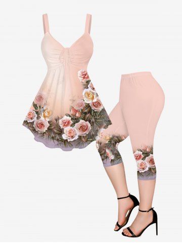 Plus Size Flower Printed Cinched Tank Top and Pockets Capri Leggings Outfit - LIGHT PINK