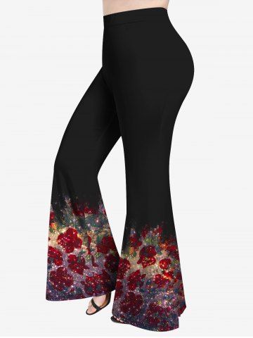 Plus Size Rose Leaf Glitter Galaxy Print Flare Pants