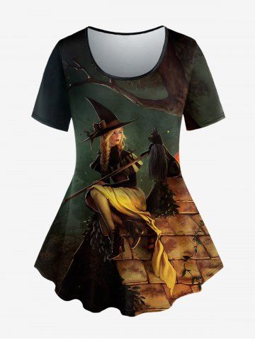 Plus Size Halloween Pumpkin Hat Girl Cat Branch Print T-shirt - LIGHT GREEN - L