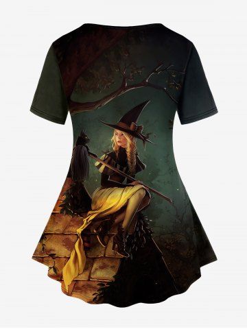 Plus Size Halloween Pumpkin Hat Girl Cat Branch Print T-shirt