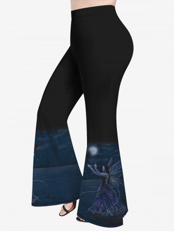 Plus Size Moon Wings Angel Bird Print Flare Pants - BLACK - 1X